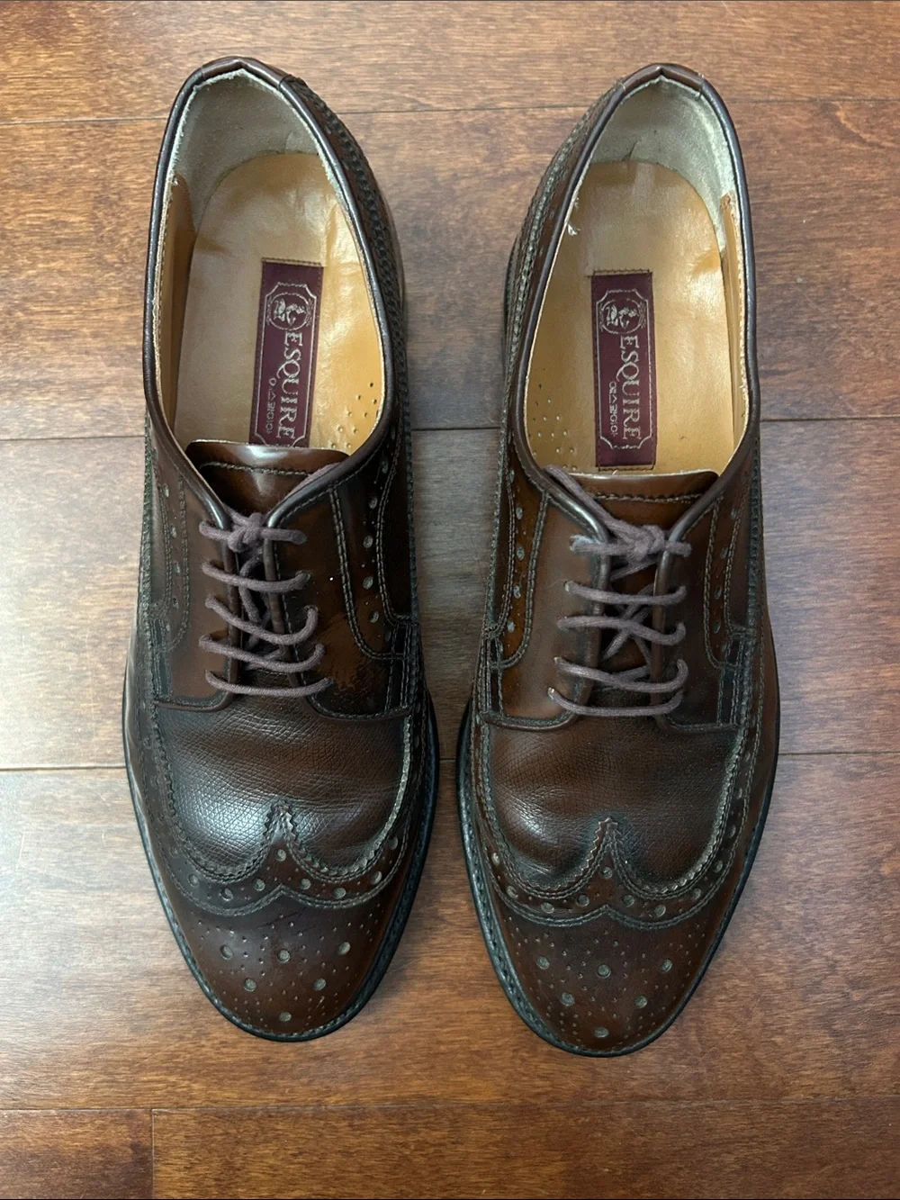 Men’s Esquire Korean Brand Brown Wingtip Oxford Dress Shoes, Size 9.5 E